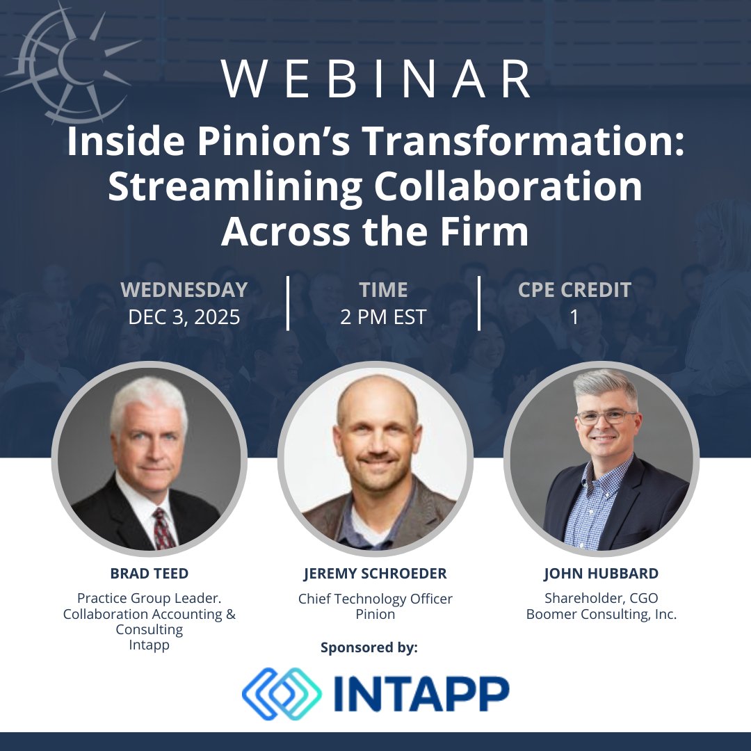 ThinkPlanGrow's tweet image. We invite you to join Boomer, @PinionGlobal, and @intapp as they share how firms are improving collaboration with a modern DMS. 

Learn what Pinion changed and what your firm can apply.
 
Register: boomer.link/5n8
#AccountingTech #DigitalTransformation