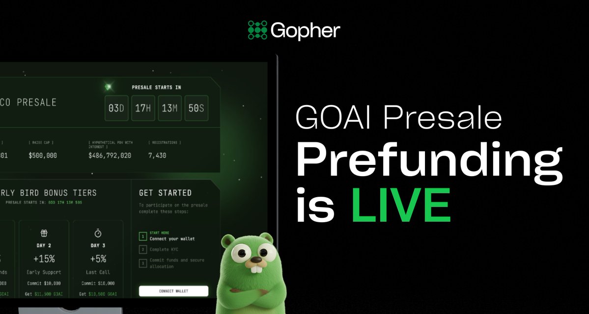 gopher_ai's tweet image. PREFUNDING IS NOW OPEN 💸
Early Gophers get the $GOAI 🐾

Time to secure your allocation! ⏰
➕ Lock in your 25% bonus
➕ Guaranteed allocation
➕ Get a head start 

Prefund Now:
→ hub.gopher-ai.com/ico-presale

Presale starts: Nov 18th @ 5am PT // 1pm UTC
LFGopher 🔥