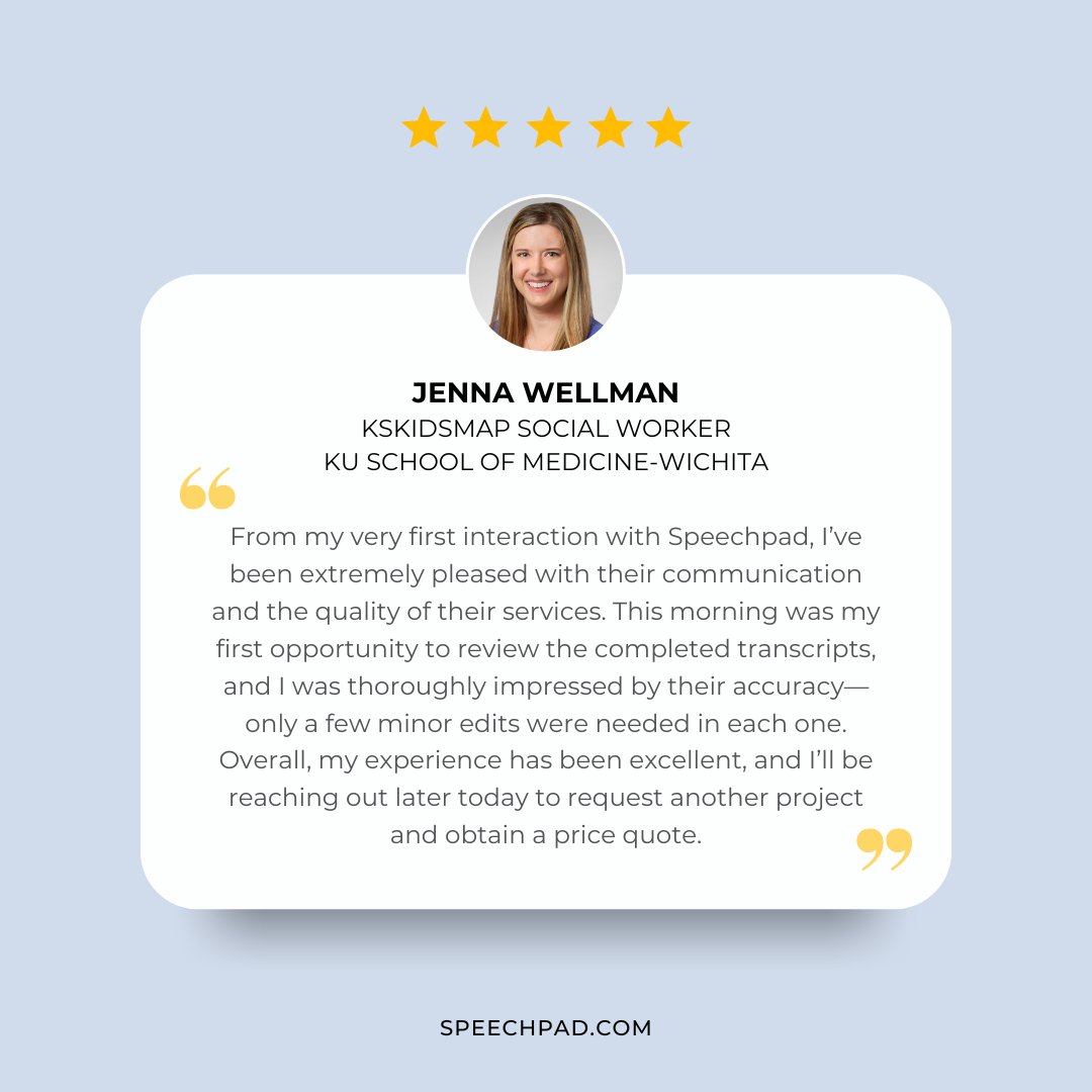 At Speechpad, our transcripts are ready to use—clear, reliable, and need little to no editing.

Thank you to Jenna for sharing her experience and trusting us with her work. 

See more stories: speechpad.com/buzz

#TranscriptionExperts #Speechpad #CustomerFeedback