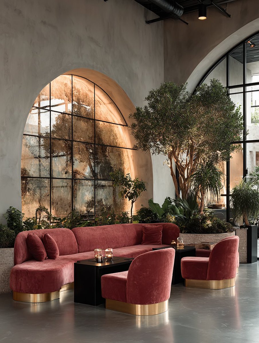 phokuinc's tweet image. Industrial Elegance Meets Urban Oasis, spatial interior design for concept co sharing workspace in Neo Art Deco x Minimalist aesthetic #InteriorArchitecture #ConceptDesign #moodboard