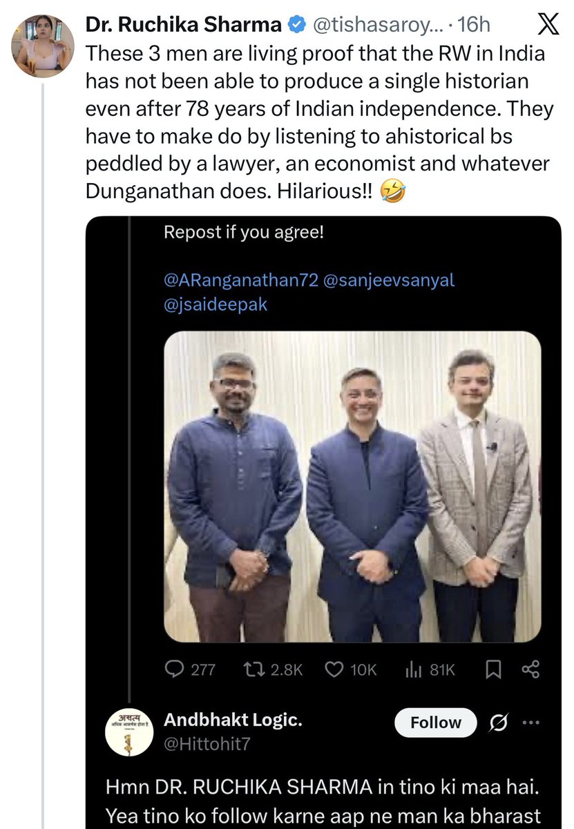 MumukshuSavitri's tweet image. Look at the audacity of this charlatan  commenting on the historical expertise of such stalwarts as @jsaideepak, @ARanganathan72 &amp;amp; @sanjeevsanyal - when this is the same Ruchika who completely falsified her entire first peer-reviewed paper! 

She flat-out fabricated history in…