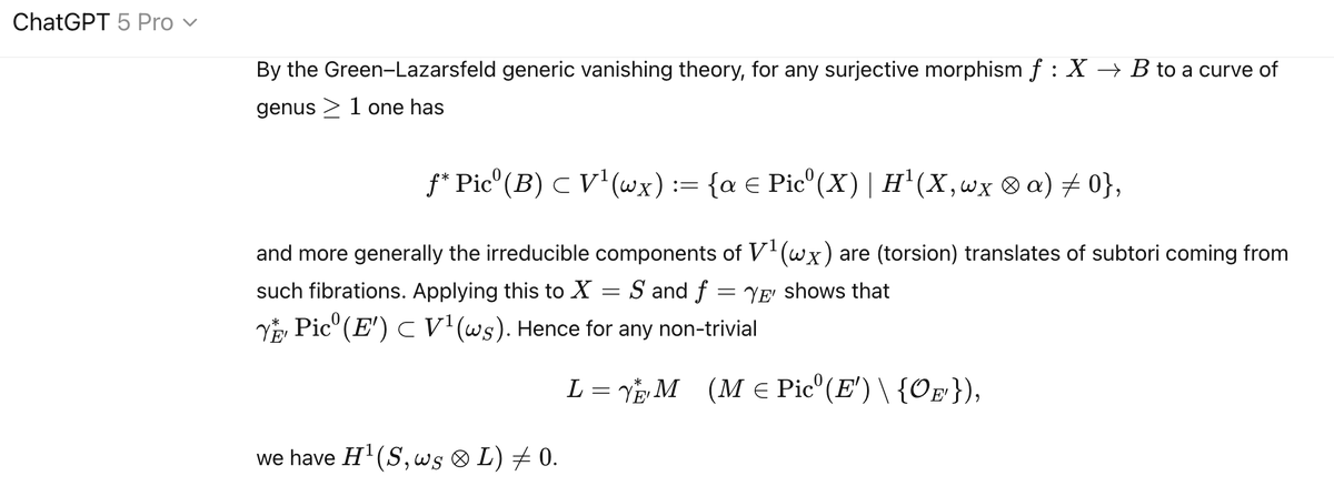 littmath's tweet image. I find it so disorienting chatting with frontier LLMs about fancy math stuff. The deduction in the last sentence below is nonsense; I suspect there is not a single living human who knows what &quot;Green-Lazarsfeld generic vanishing theory&quot; is and who would make the same error.