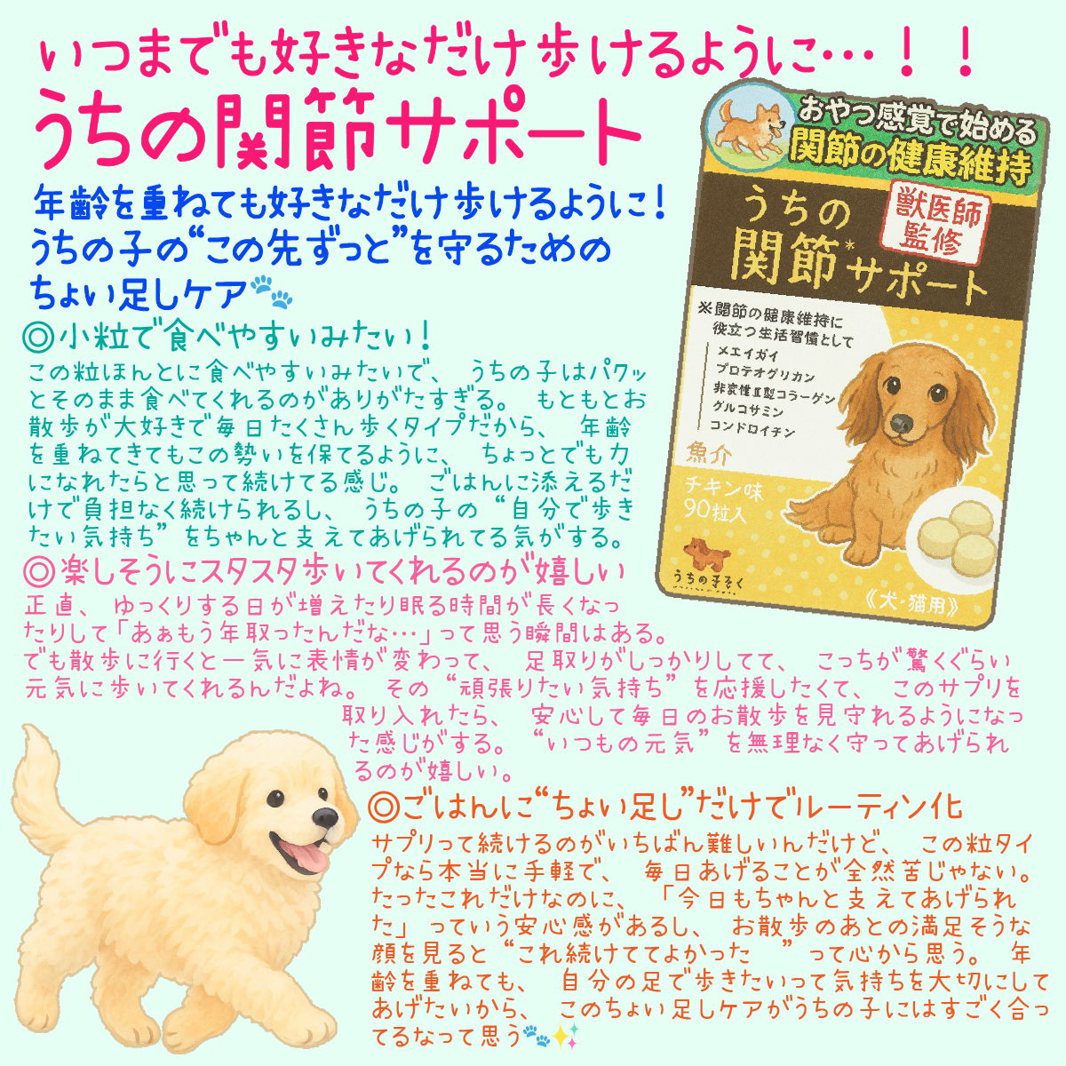 beaunote_edit's tweet photo. 今年8歳のおさんぽ拒否犬🐶
足腰心配だな〜って「うちの関節サポート」をおやつに一粒習慣つづけたら最近は積極的に散歩行きたがるようになって…これには飼い主も思わず涙😭
↓↓リプ欄のクーポンコード入力で30%OFF🉐↓↓(pr)
https://t.co/uwuExVCubx https://t.co/BhKA0QnOEx