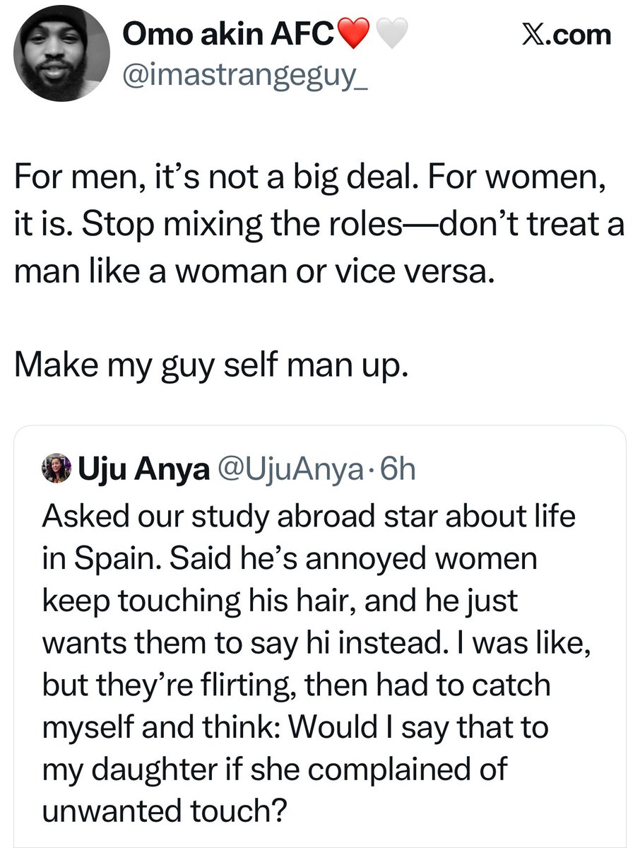 UjuAnya's tweet image. So, if you’re wondering about the patriarchal ideology I was interrogating, here it is. My son said he doesn’t like women touching him without consent. Dude here says he needs to “man up” and accept unwanted touch that makes him uncomfortable, cuz only women care about all that.