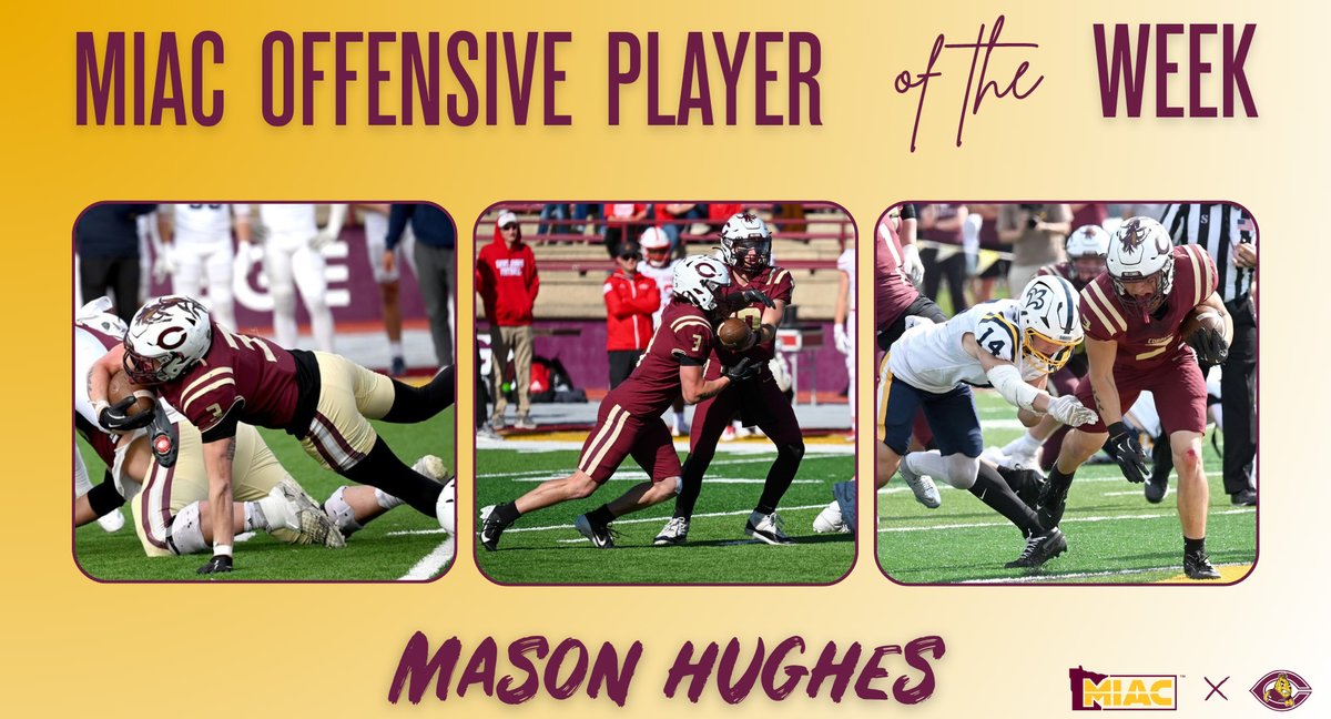𝗠𝗜𝗔𝗖 𝗣𝗟𝗔𝗬𝗘𝗥 𝗢𝗙 𝗧𝗛𝗘 𝗪𝗘𝗘𝗞!
CORNGRATS to Cobber football running back Mason Hughes, who was named the MIAC Offensive Player of the Week after his 230-yard, 2-TD rushing performance in CC's win at Carleton.   

𝗗𝗘𝗧𝗔𝗜𝗟𝗦: tinyurl.com/3tr4f5p3
