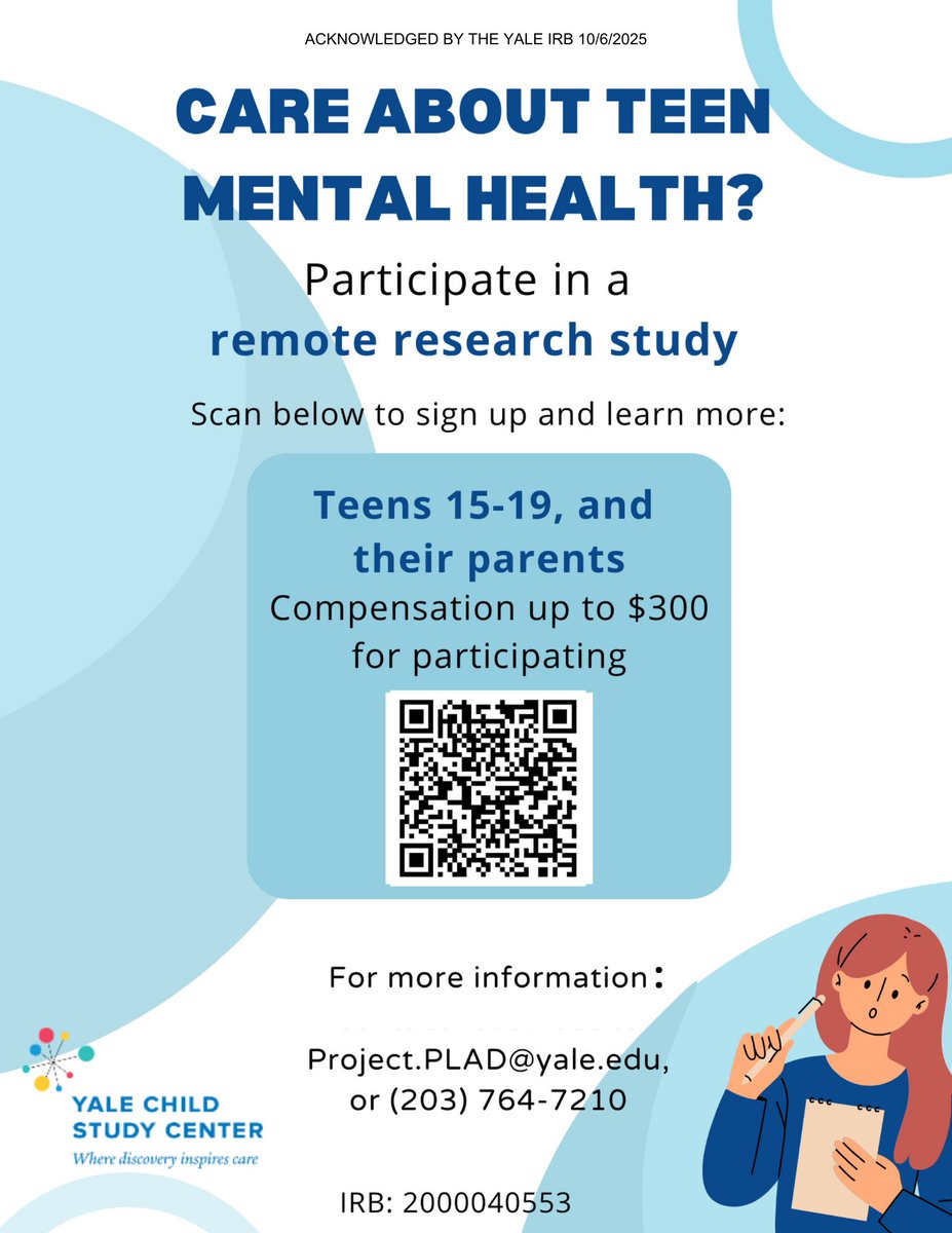 YaleCSC's tweet image. Join our remote study on teen mental health! Teens (15–19) and parents will complete short surveys, a Zoom session, daily mini check-ins, and a quick nail sample.

To learn more: 
📧 Project.PLAD@yale.edu | 📞 203-764-7210