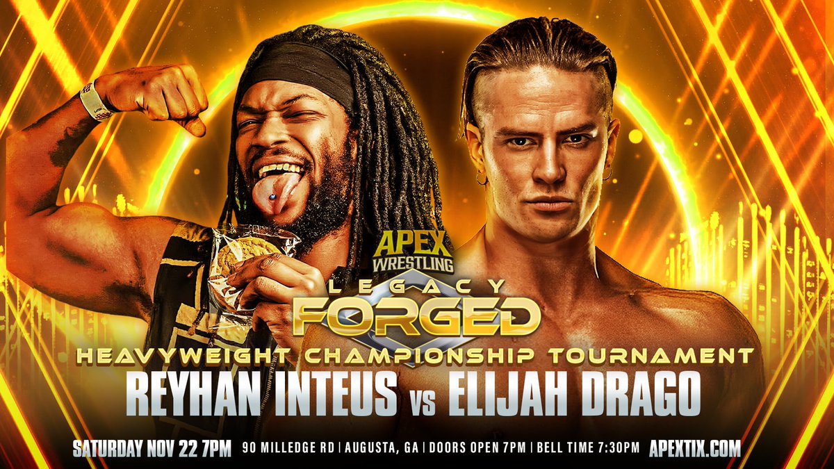 Apex Wrestling hits Augusta this Saturday.

• Inteus vs Drago, Apex Championship Final
• Moreno vs Raegan, first Women’s Champion crowned
• Cunningham vs Malrick, Nightmare Factory Title
• Skywalker vs Kane
• Rinauro vs Sells
• Gage vs Wilder vs Evans
General Admission $5.