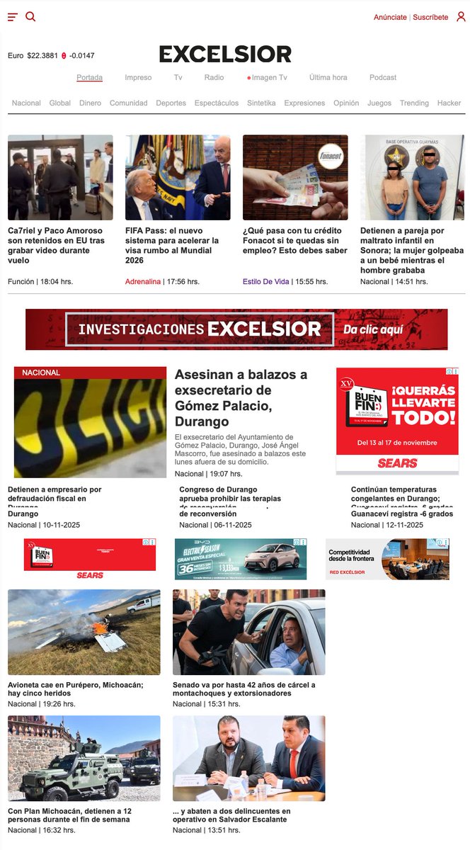 Excelsior's tweet image. 🗞️​ La información más importante al momento en #Excélsior digital.
- Avioneta cae en Purépero, Michoacán; hay cinco heridos
- ¿Qué pasa con tu crédito Fonacot si te quedas sin empleo? Esto debes saber.
- FIFA Pass: el nuevo sistema para acelerar la visa rumbo al Mundial 2026.…