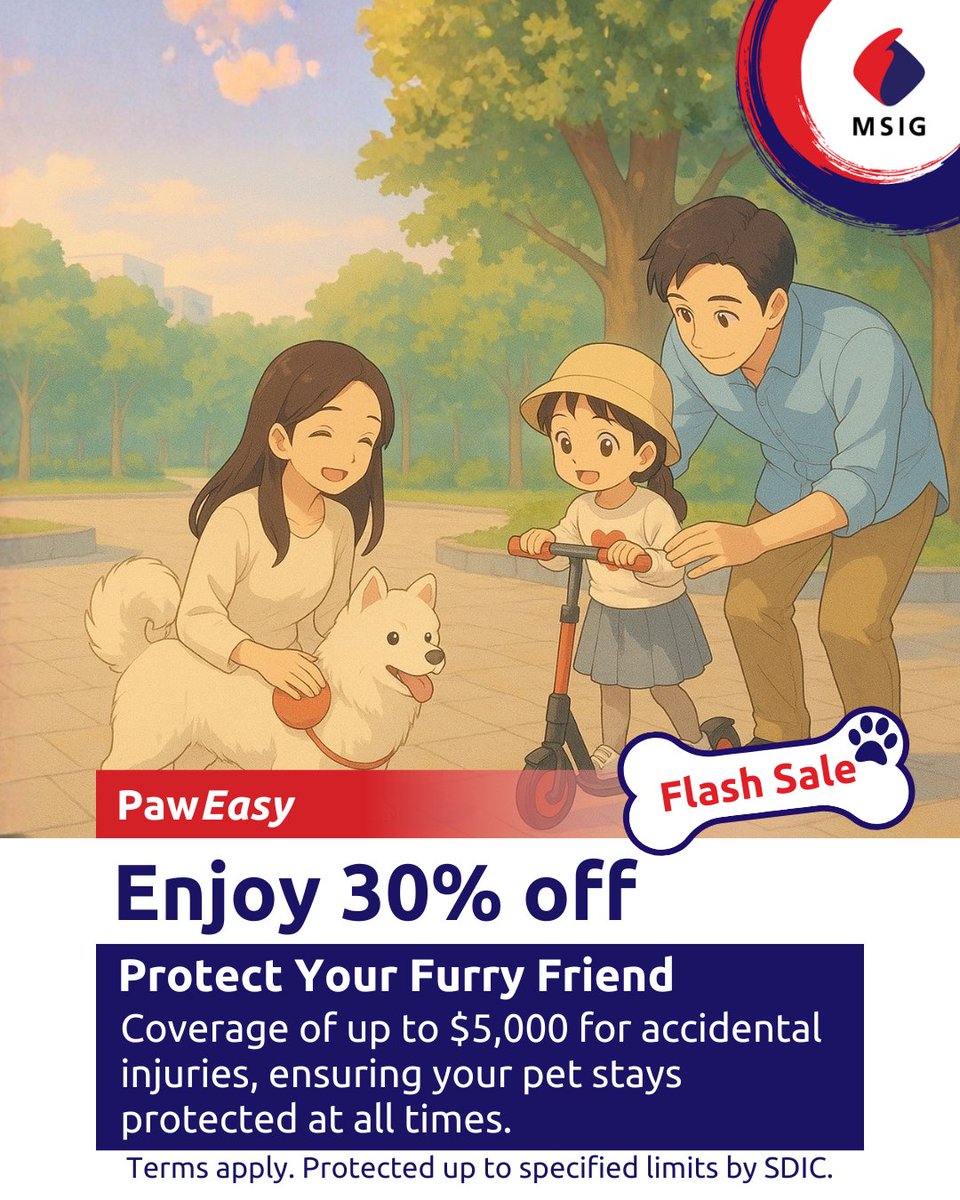 Love your dog like family? Protect them like one! 
Your furkid deserves more than cuddles — they deserve protection.
With MSIG Pet Insurance, you're covered for the unexpected.

Limited-Time Promo: Get 30% OFF!
✔️ Up to $5,000 for outpatient care
✔️ Covers accidental injuries and