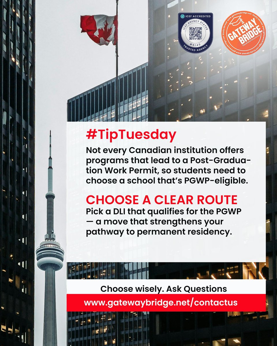 gatewaybridge's tweet image. Book your 𝐅𝐑𝐄𝐄 expert consultation today to ensure your study path is PGWP-ready: gatewaybridge.net/contactus

#TipTuesday #StudyAbroad #CanadaBound