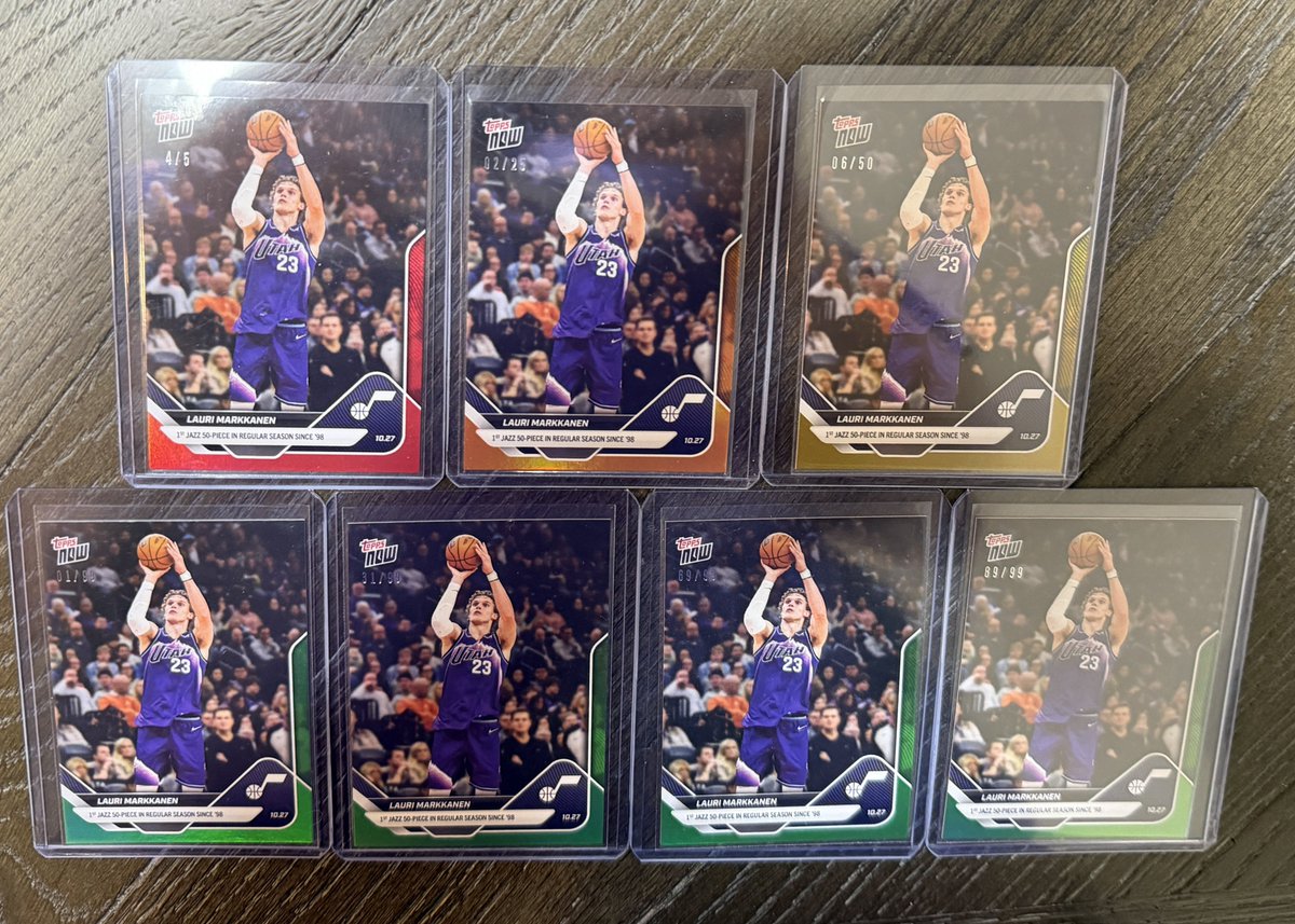 utahazz's tweet image. Lauri Markkanen Topps Now order got here today. Was hoping for the 1/1 of course, but got 7 parallels out of the 20 that I ordered! 💜 #TakeNote #NBAX