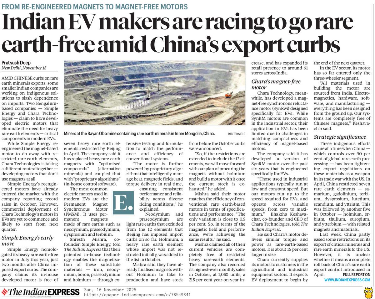 prasannavishy's tweet image. As China chokes rare-earth exports. Indian EV makers are working to cut China out of the equation entirely.

Two Bengaluru firms (Simple Energy and Chara Technologies)  have developed motors that eliminate or drastically reduce the need for rare-earth elements, long the…