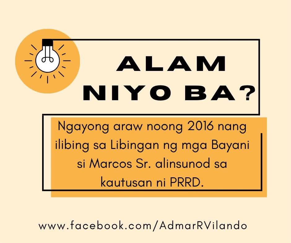 TODAY in HISTORY: Ngayong araw noong 2016 nang ilibing sa Libingan ng mga Bayani si Marcos Sr. alinsunod sa kautusan ni FPRRD.
