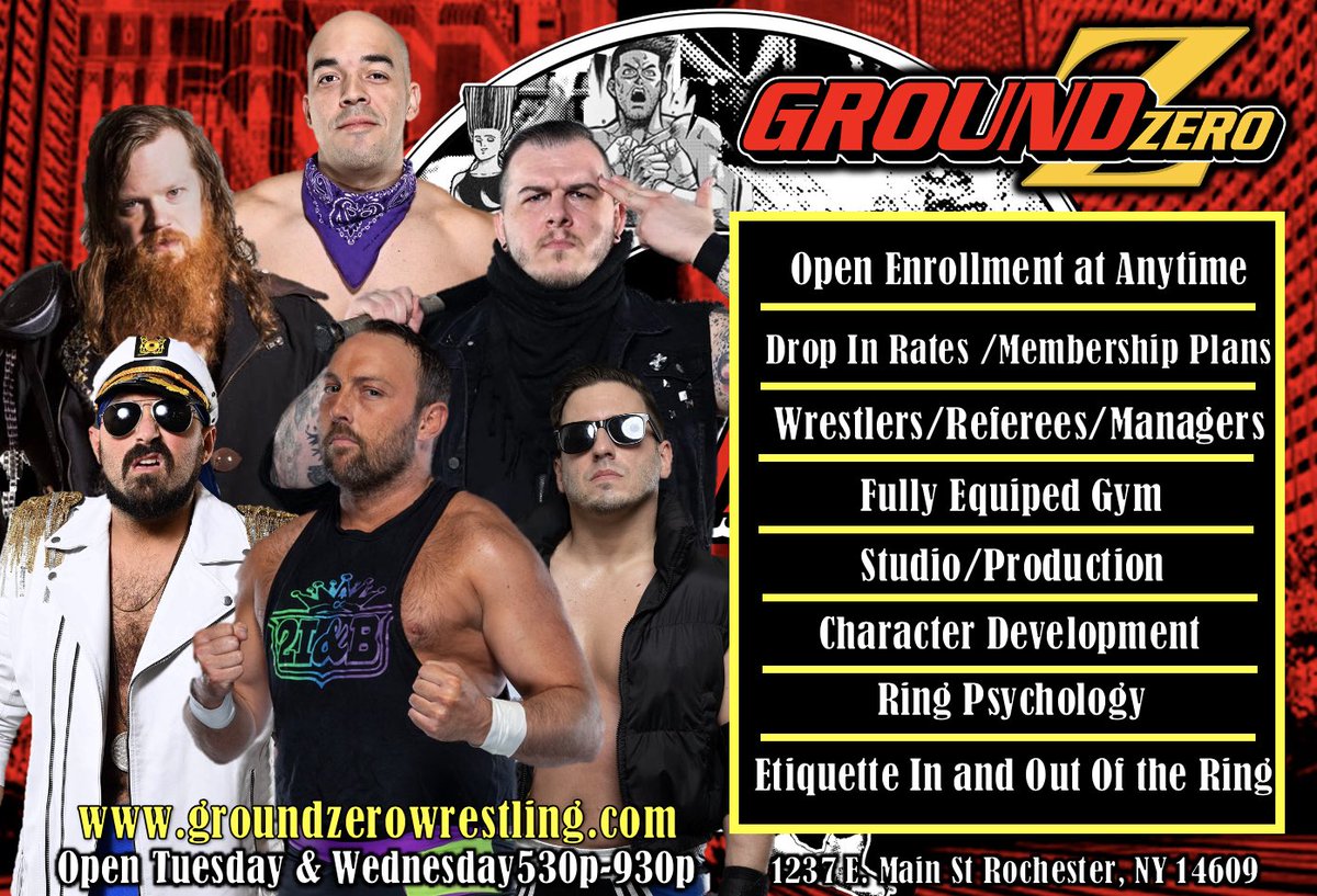 Come train with the Premiere Professional Wrestling School in Rochester, NY

Our coaching staff is stacked!

-Open Enrollment
-Training for all skill Levels
-Fully Equipped Gym
-Character Development 
-Ring Psychology 
-Networking within the Business

#GroundZero #RespectTheCraft