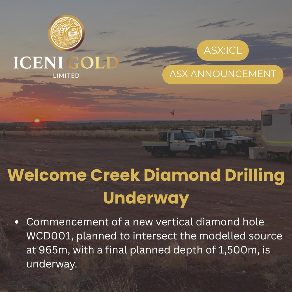 Iceni_Gold's tweet photo. Our new diamond drillhole WCD001 is underway at the Welcome Creek Project, targeting a major gravity–magnetic anomaly in the Officer Basin within the Paterson Orogen. Drilling will test the modelled source at 965m and continue to 1,500m.
Full announcement: https://t.co/P6vspkcBH5 https://t.co/30b7KjEIq8