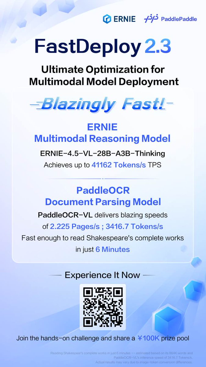 PaddlePaddle's tweet image. 🚀 FastDeploy 2.3 is here!
Now with native support for ERNIE-4.5-VL-28B-A3B-Thinking and PaddleOCR-VL. 

⚡ Blazingly fast — up to 30% faster multimodal inference!  
🙋 Join our Discord to take part in the new Hands-on Challenge 👉 discord.gg/5dYDFWeb
🔍 Check out our Best…