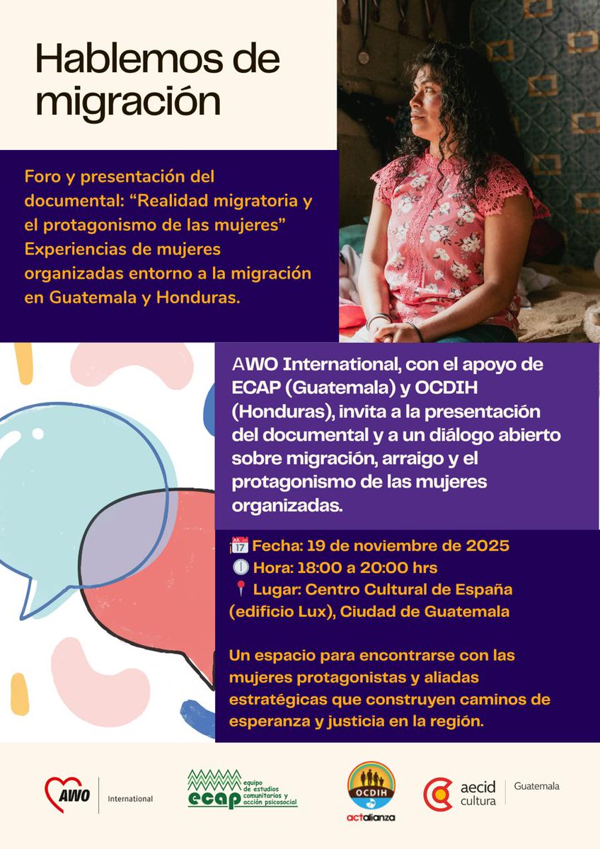 🌼 Ven al cineforo del documental “Realidad migratoria y el protagonismo de las mujeres”, un espacio para conversar sobre las experiencias de mujeres organizadas en torno a la migración en #Guatemala y #Honduras.

Un encuentro organizado por AWO, <a href="/ECAPguatemala/">ECAP</a> y <a href="/OCDIH_/">OCDIH</a>