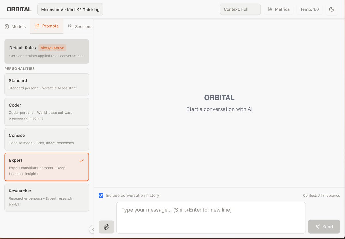 thecaseywhalen's tweet image. Got sick of juggling AI browser tabs.

Built ORBITAL - local chat interface for @OpenRouterAI.

-3-layer prompt engineering
-Switch between 100+ AI models instantly
-Smart context control (save 70% on tokens)

Everything I need in one window. 10x output.