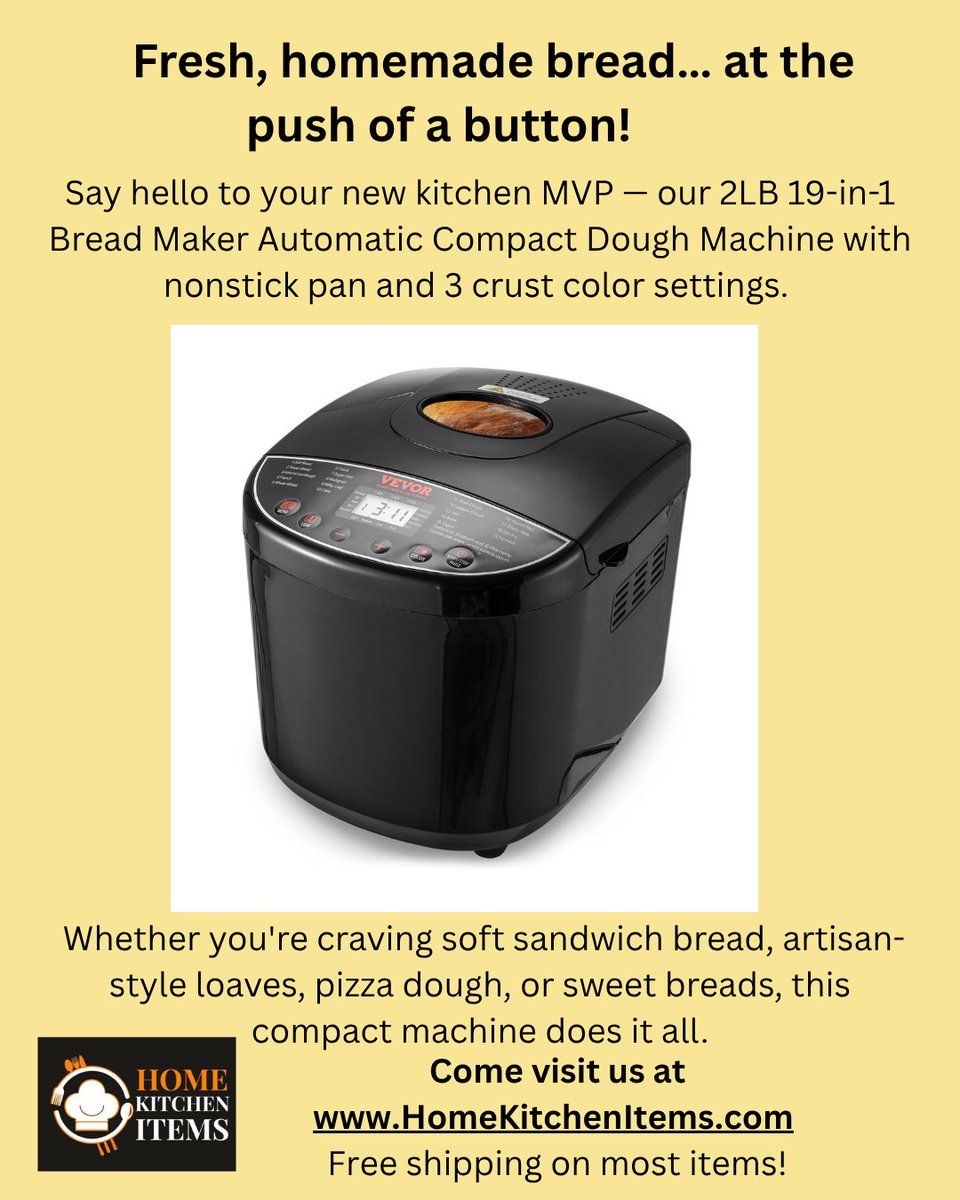homekitchen62's tweet image. Fresh homemade bread? Yes, please! 🍞✨
Our 2LB 19-in-1 Bread Maker gives you 19 presets, 3 crust colors &amp;amp; effortless cleanup. The easiest way to level up your kitchen!
#HomeKitchenItems #BreadMaker #KitchenGadgets
