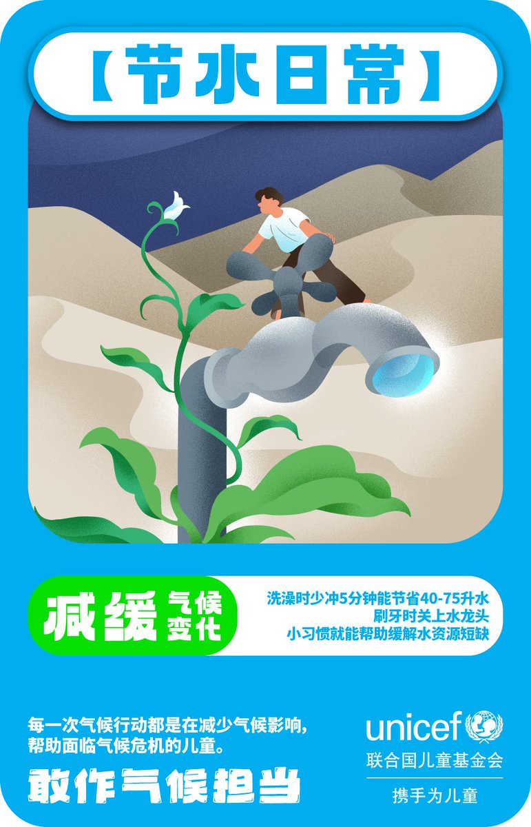 UNICEFChina's tweet photo. By taking shorter showers, you can save water. By reducing food waste, you can reduce greenhouse gas emissions.
Children & youth are learning climate actions from the 20 cards in our #StepUpForClimate app on WeChat.
Stay tuned for the 21st card, coming for #WorldChildrensDay. https://t.co/yLTeb3iY2S