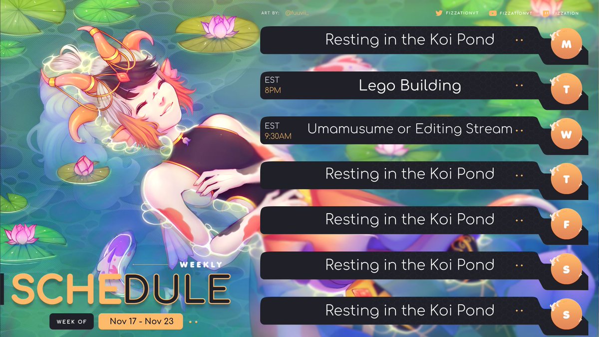 📆 WEEKLY SCHEDULE | NOV 17 -  NOV 23 📆

I'm not late to posting this, you're just late to seeing it!~ 

twitch.tv/fizzation