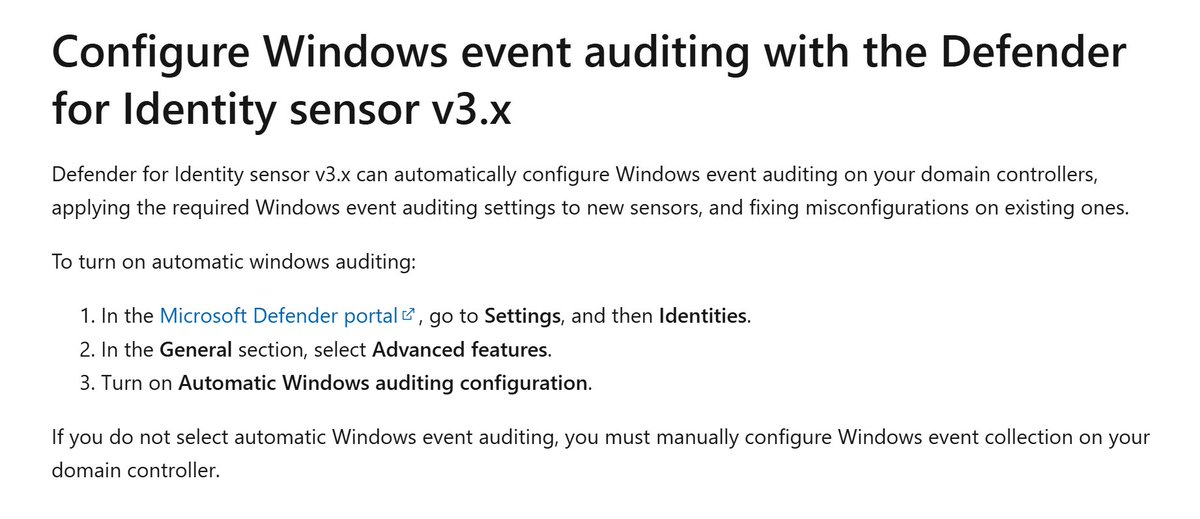 NathanMcNulty's tweet image. Defender for Identity can now automatically configure Windows Event Auditing on your Domain Controllers when using the new v3 sensor 🥳

learn.microsoft.com/en-us/defender…