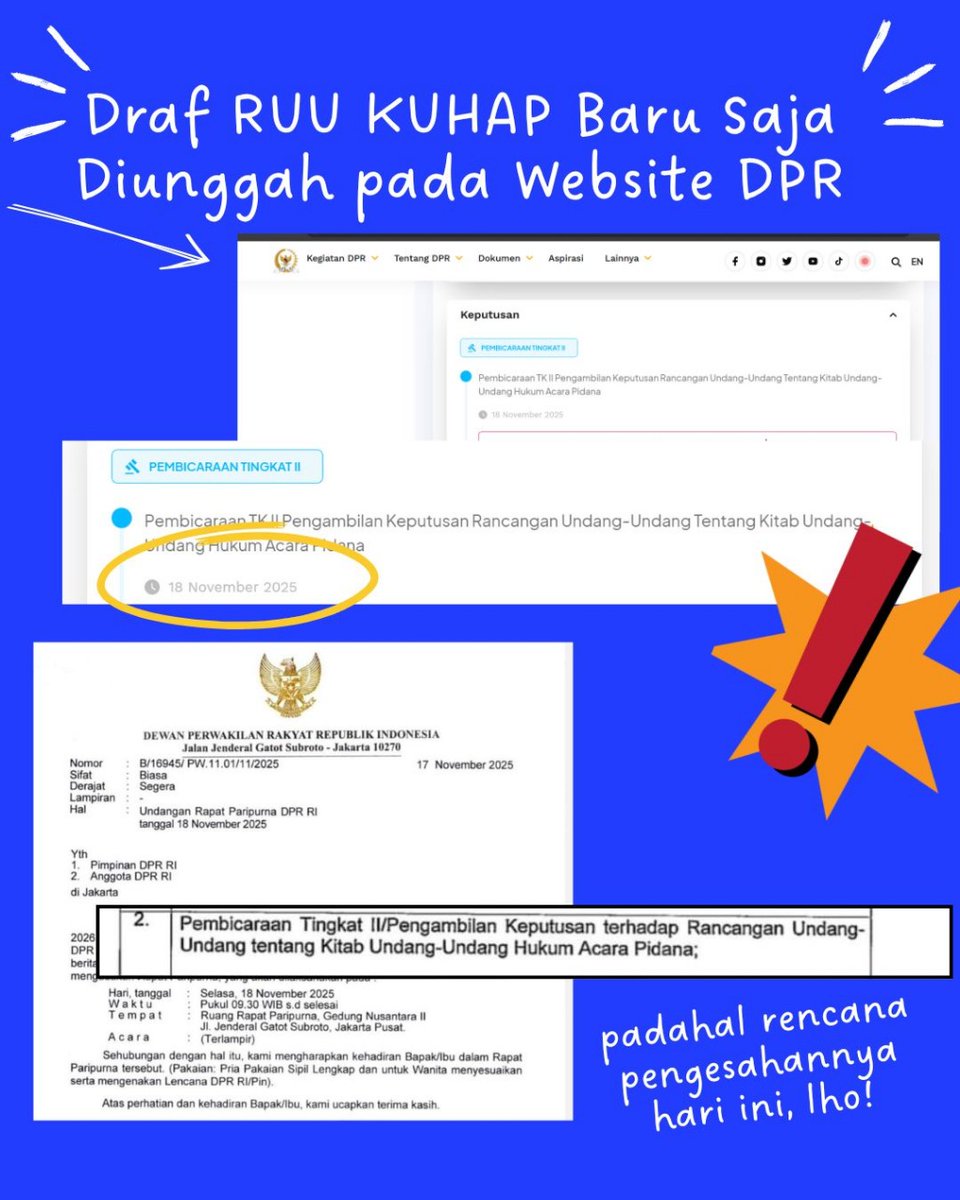 ALERTA!!! 
Pembahasannya sudah terburu-buru, ternyata dokumen draf naskah akademiknya diunggah 2 jam sebelum rapat paripurna berlangsung, lho!

#TolakRUUKUHAP #SemuaBisaKena