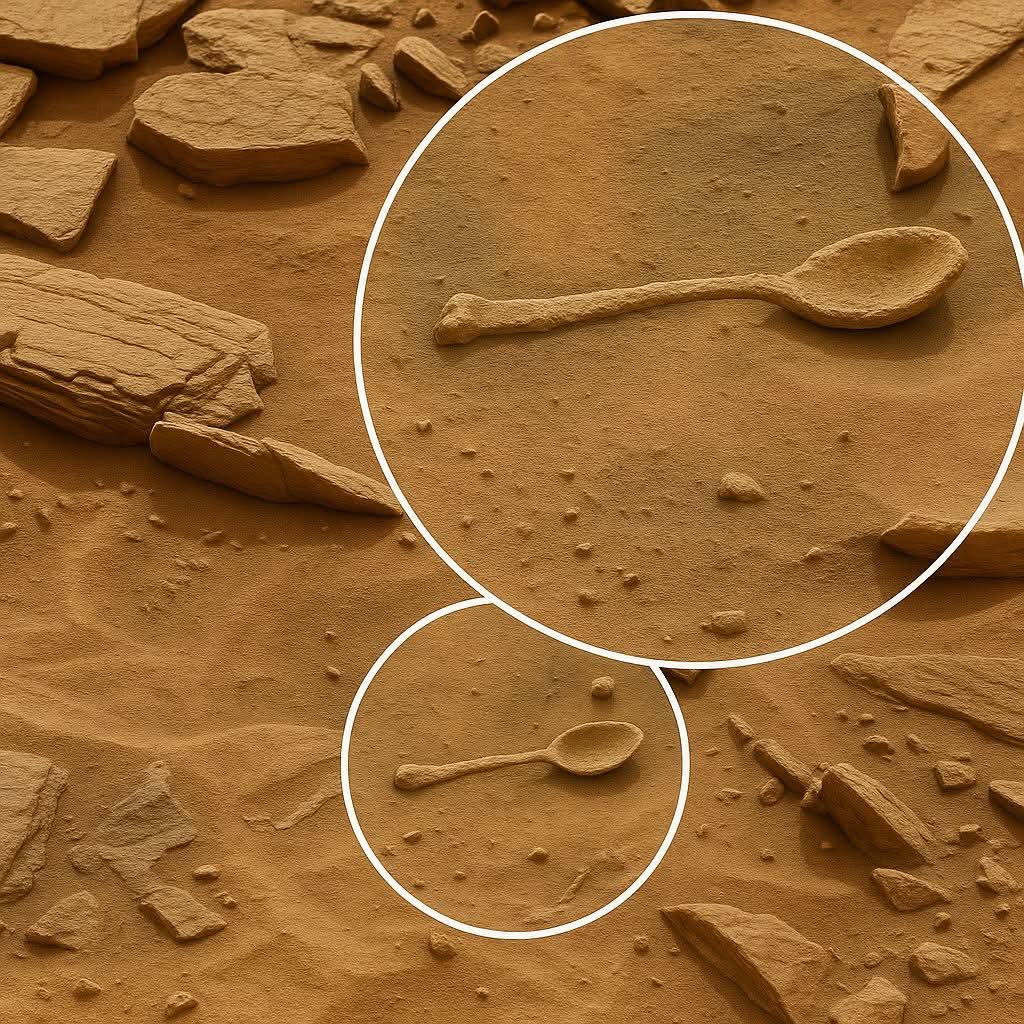 InterestingSci1's tweet image. Hi X creator Good Morning 🌞 🌞 
This rock on Mars may look like a spoon, but it’s actually the result of millions of years of wind erosion shaping Martian sandstone into familiar forms. These natural sculptures are a common example of pareidolia our brain seeing patterns where…