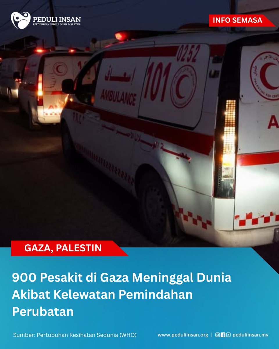 Peduli__Insan's tweet photo. Pertubuhan Kesihatan Sedunia (WHO) melaporkan bahawa lebih 900 pesakit telah meninggal dunia ketika menunggu proses pemindahan rawatan, akibat sekatan dalam mengeluarkan permit perjalanan untuk mendapatkan rawatan di luar Gaza, menurut Agensi Berita dan Maklumat Palestin (WAFA). https://t.co/O4mEZp9PKy