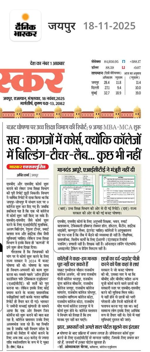 विदेश में कोर्स कराने पर 400 करोड़ खर्च करने वाला उच्च शिक्षा विभाग प्रदेश में MBA-MCA शुरू नहीं कर पा रहा है
बजट 2024 में घोषणा- संभाग स्तर पर सरकारी कॉलेजों में MBA,MCA शुरू करेंगे।
विभाग ने रिपोर्ट में उपलब्धि बताई- कोर्स शुरू कर दिए हैं। 
हकीकत में आजतक कहीं भी शुरू नहीं हुए।