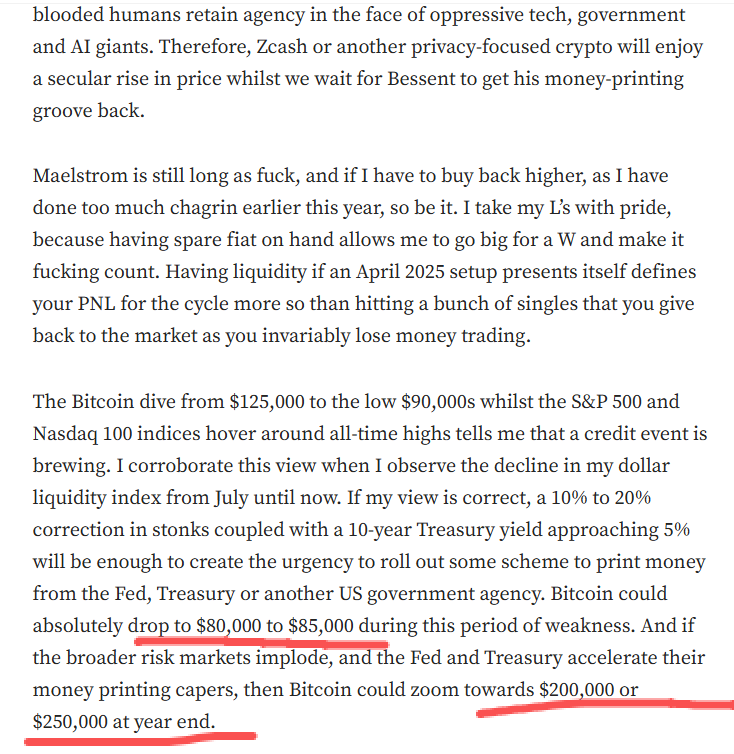 PANews's tweet image. Arthur Hayes：比特币或先跌至 8–8.5 万美元，再在年底冲击 20–25 万美元区间

BitMEX 联合创始人 Arthur Hayes @CryptoHayes 在最新博文《Snow Forecast》中表示，比特币从 12.5 万美元跌至 9 万美元区间、而美股仍位于历史高位，意味着“一场信用事件正在酝酿”。

Hayes…