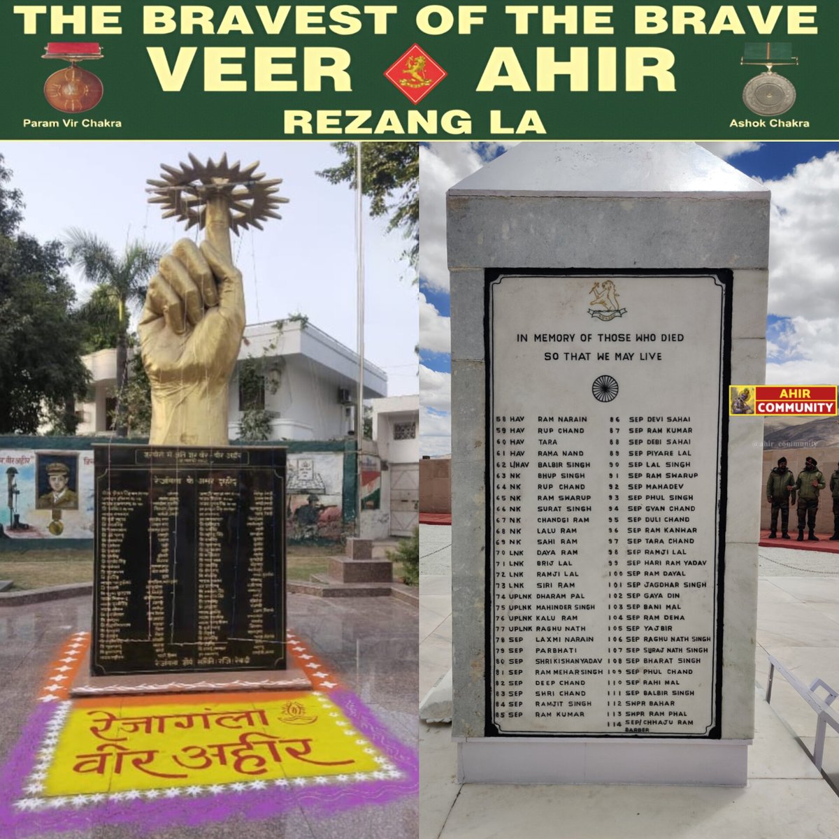 ahir_community_'s tweet photo. 18 नवंबर 1962 को रेज़ांगला युद्ध में शहीद हुए 114 वीर अहीर सपूतो को शत शत नमन🙏❤️
अंतरराष्ट्रीय अहीर दिवस की शुभकामनाएं 
#अहीर_शौर्य_दिवस 
#120VeerAhir https://t.co/GB2BDDyZkL