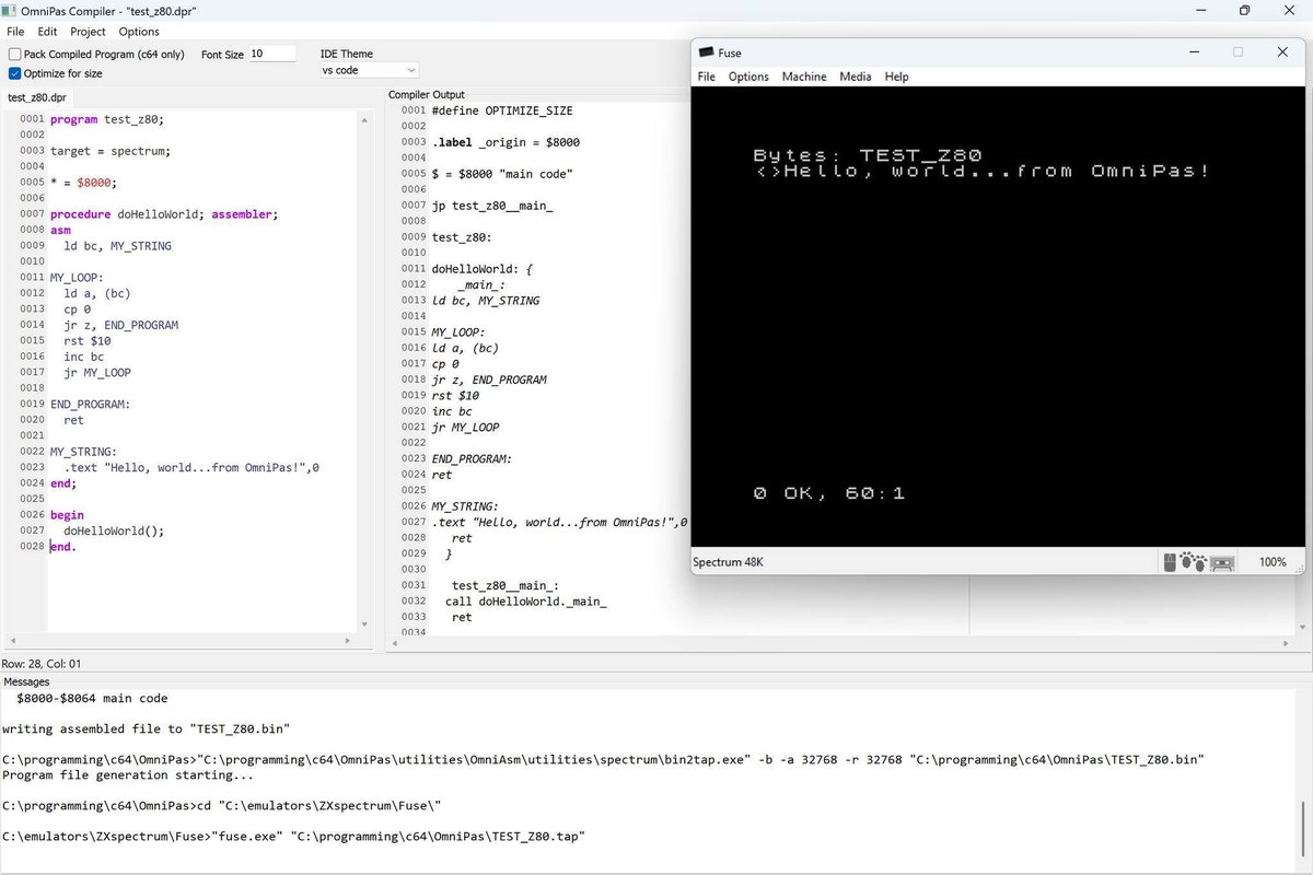 SyntaxErrorSoft's tweet image. I&apos;m upgrading my #Pas6502 Pascal cross-compiler to also output #z80 using my multi-cpu assembler, #OmniAsm (does 6502/z80). It will be called #OmniPas :) Here&apos;s an example for zx spectrum and Amstrad CPC...