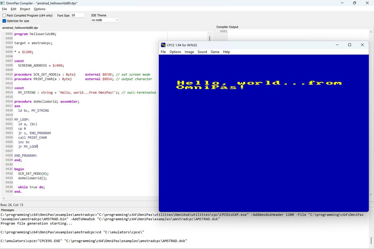 SyntaxErrorSoft's tweet image. I&apos;m upgrading my #Pas6502 Pascal cross-compiler to also output #z80 using my multi-cpu assembler, #OmniAsm (does 6502/z80). It will be called #OmniPas :) Here&apos;s an example for zx spectrum and Amstrad CPC...