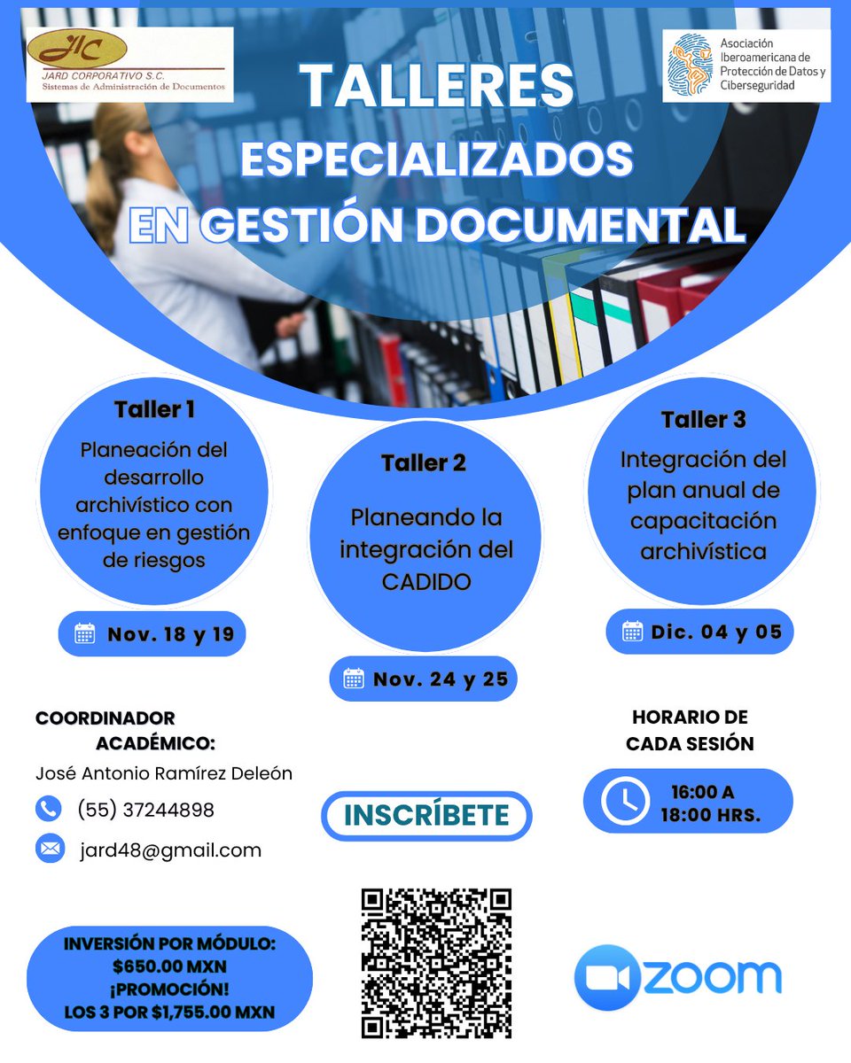 📣 ¡Iniciamos mañana!

Aún puedes inscribirte al Taller 1 de Gestión Documental: Planeación archivística con enfoque en riesgos.

🗓️ 18–19 nov | ⏰ 16:00–18:00 | 💻 Zoom
💸 $650 MXN (promo disponible)

Regístrate aquí 👉 forms.gle/EN9RFXtbFBwwN2…

¡No te lo pierdas! 🚀📚