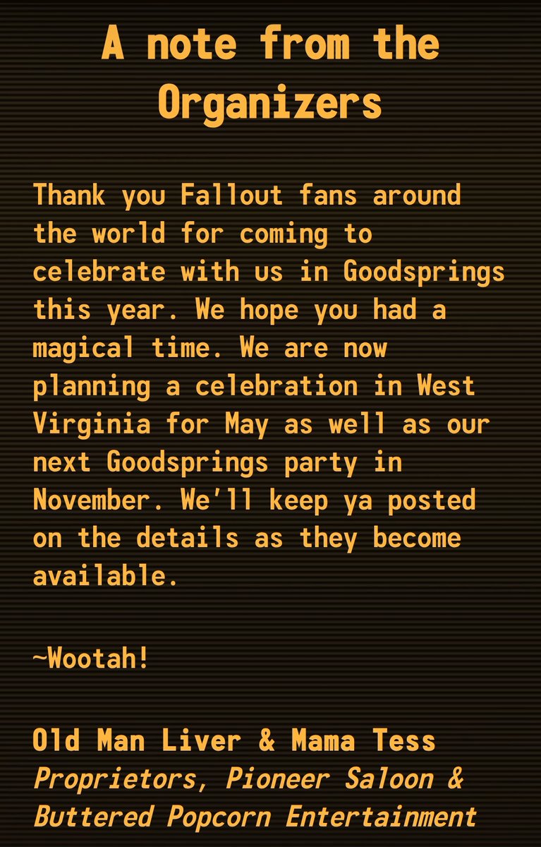 TheMissAtomic's tweet image. Fallout Fan Celebration is coming to the East Coast next year May 2nd-3rd 

You can currently buy discounted tickets until November 30th, 2025 for both the 5th Annual Goodsprings event &amp;amp; West Virginia Celebration 

Discounted price is $30 a ticket or $50 bundle for both events 👍