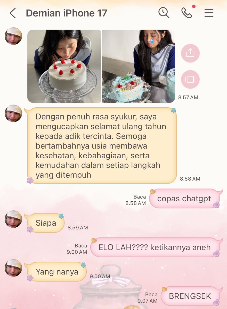 ACSLOVA's tweet photo. beginilah daily chat demian &amp; sheninnuy https://t.co/9HWgdxXVyz