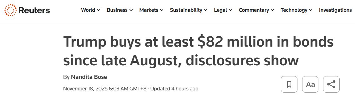 myfxtrader's tweet image. 路透：最新公布的财务披露显示，特朗普自8月下旬至10月初期间至少购买了8200万美元的公司和市政债券，其中包括对其政策受益行业的全新投资。
这份文件依据1978年美国《政府道德法》发布，文件只提供交易的大致区间范围。根据推算，特朗普所购债券的总价值最高可能超过3.37亿美元。…