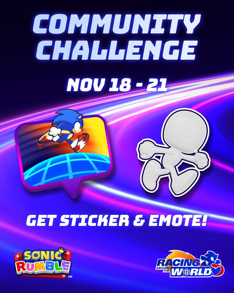sonic_hedgehog's tweet image. We&apos;re Racing Around the World even in Sonic Rumble! A new Community Challenge is starting TODAY!

Use the special event sticker during matches to add to the global total. Hit milestones and unlock rewards for everyone!