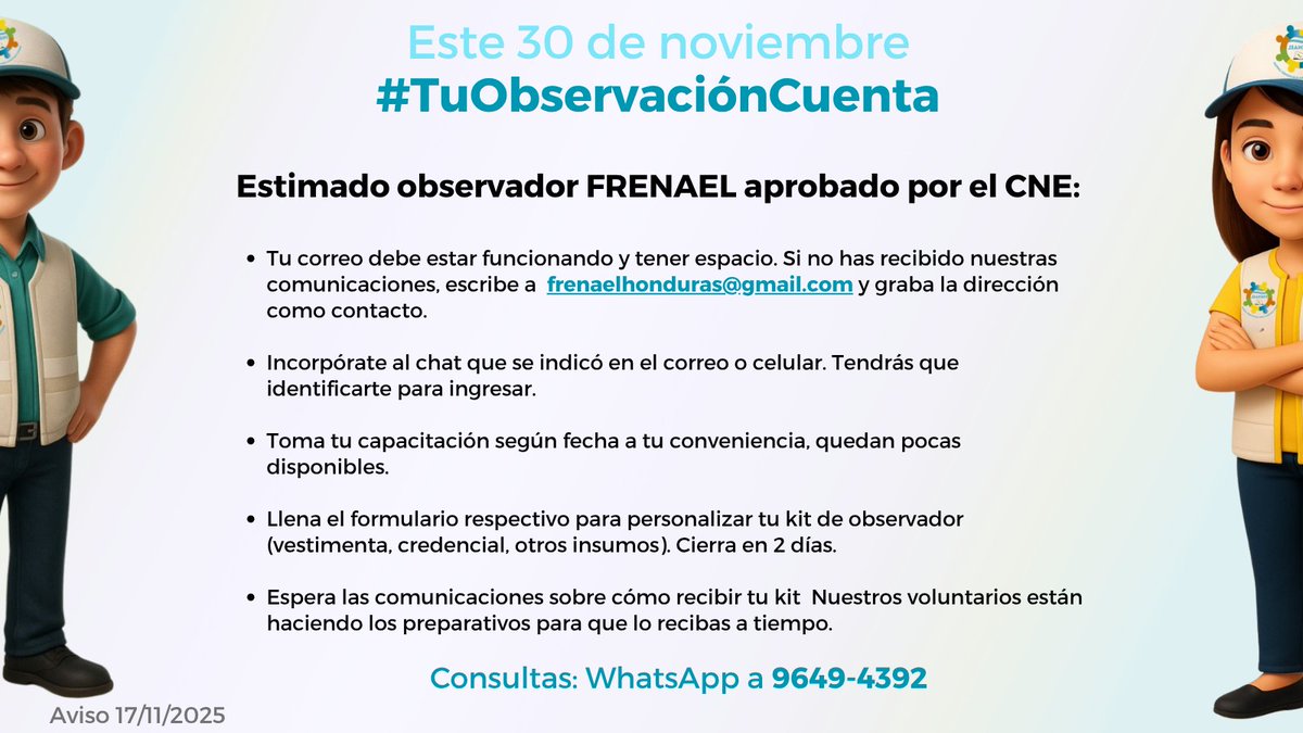 Queridos voluntarios, tu tiempo donado para Honduras no tiene precio. Queremos que sepas que los voluntarios de FRENAEL lo valoramos altamente. Para estar en buen contacto, lee este mensaje.
#porquetuobservacioncuenta