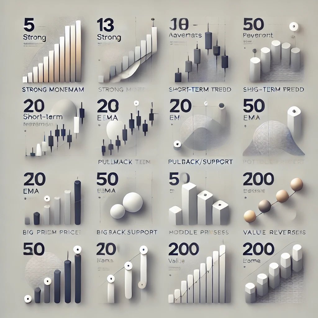 RebellioMarket's tweet image. Moving Averages: Single &amp;amp; Combined Breakdown

Single Moving Averages
•5 EMA — Strong Momentum
Captures explosive short-term price movement.
•13 EMA — Short-Term Trend
Great for identifying early trend shifts.
•20 EMA — Pullback / Dynamic Support
Ideal for buy-on-dip setups in…