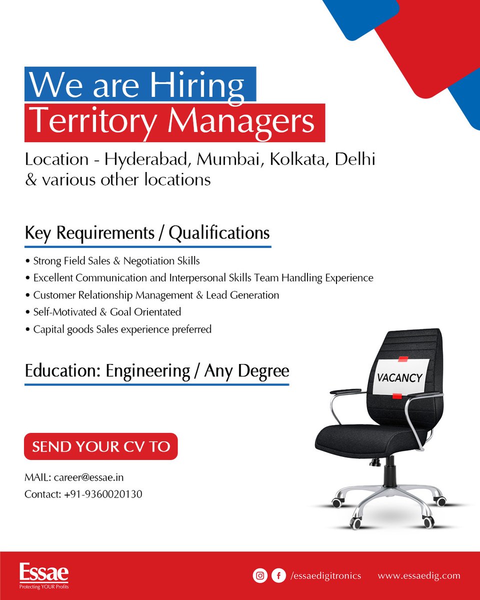 EssaeDigiIndia's tweet image. 📢 We’re hiring Territory Managers in Hyderabad, Mumbai, Kolkata, Delhi &amp;amp; more!
✅ Field experience
✅ Strong communication
✅ Customer &amp;amp; ops management
📩 career@essae.in | 📞 +91 93600 20130
🌐 essaedig.com.

#WeAreHiring #SalesJobs #EssaeDigitronics #India