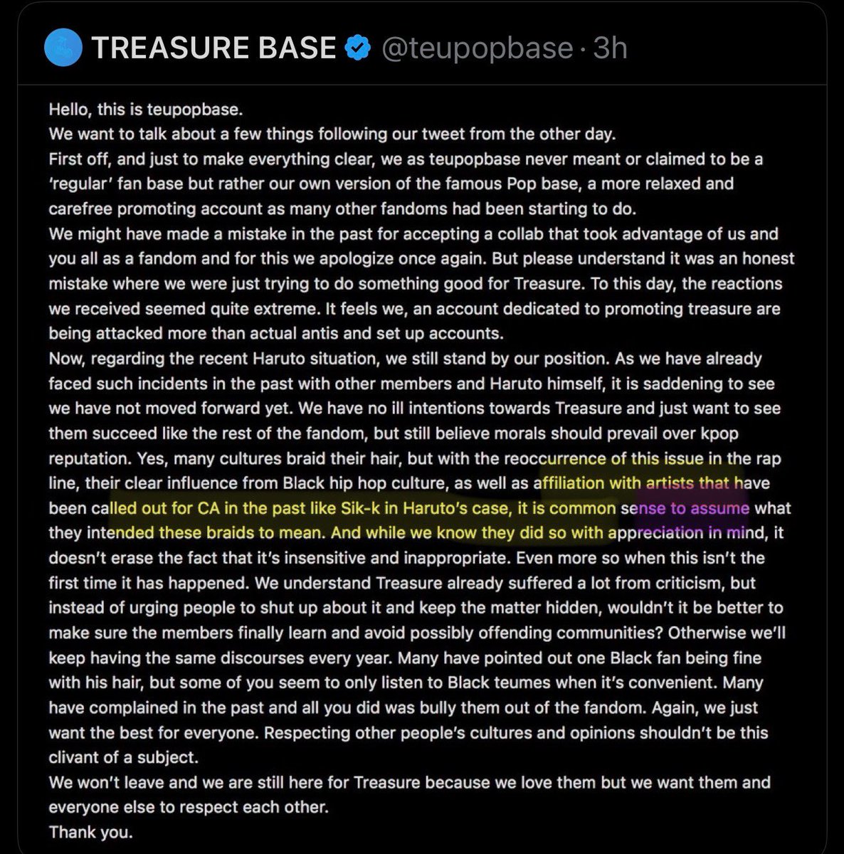 That’s exactly what’s happening here. YOUR ASSUMPTIONS. No, it’s not common sense to ASSUME what Haruto intended by the braids.  And again, who are you to ASSUME AGAIN that we only listen to Black teumes only when it’s convenient? You are sowing discord in this fandom, and making