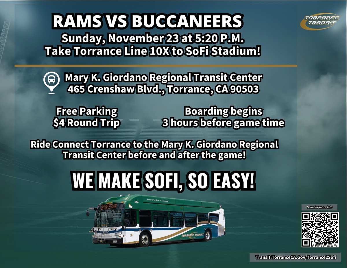 We Make SoFi So Easy!
Take Torrance Line 10X to the SoFi Stadium this Sunday, November 23rd to watch Rams vs. Buccaneers football game. The first bus leaves Transit Center at 2:20 pm. Parking at the Transit Center is free, but limited. Round-trip fare is $4.
#transit #NFL