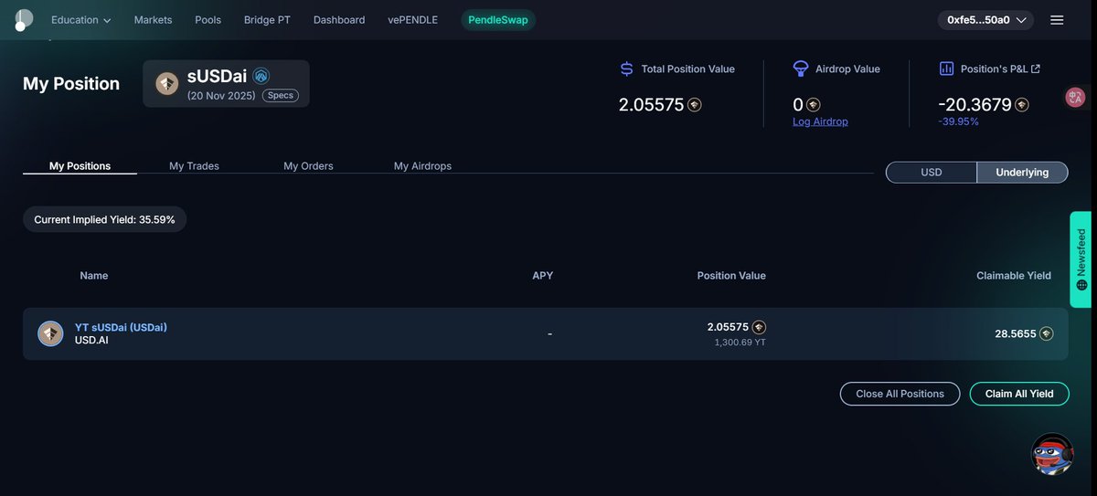 heshixue's tweet image. 提醒大家一下，USDai 项目，之前购买的 NOV 20 的 YT 即将到期，收益这两天记得领取

我之前买了 50u 的 YT，能领取 28u左右

下一步你可以：1⃣领取的收益换 u 离场。2⃣领取的收益再烧进去

官方：@USDai_Official