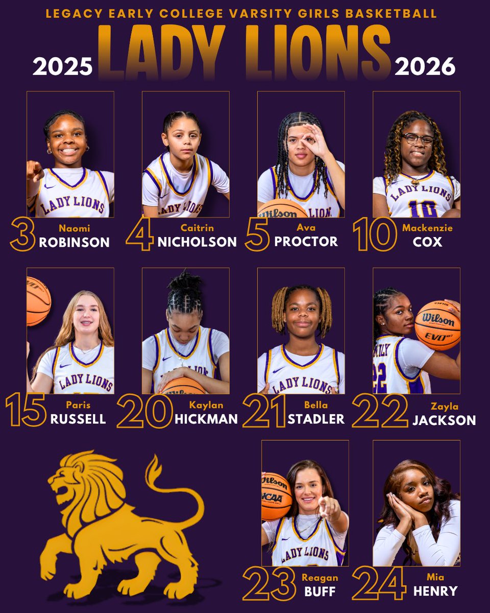 The squad is set. 
Here is your 25-26 Lady Lions roster! 💛