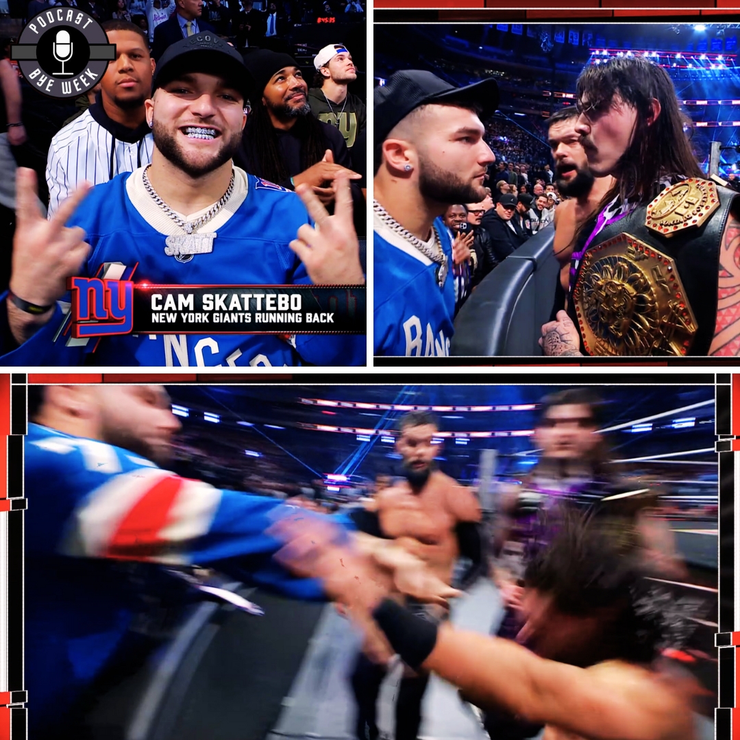😳El lesionado Cam Skattebo, sentado junto al ring en Monday Night RAW, se enfrentó a la fracción The Judgment Day.

El comediante Andrew Shultz y algunos jugadores de los Giants también estuvieron involucrados. 

#RawOnNetflix #NYGiants