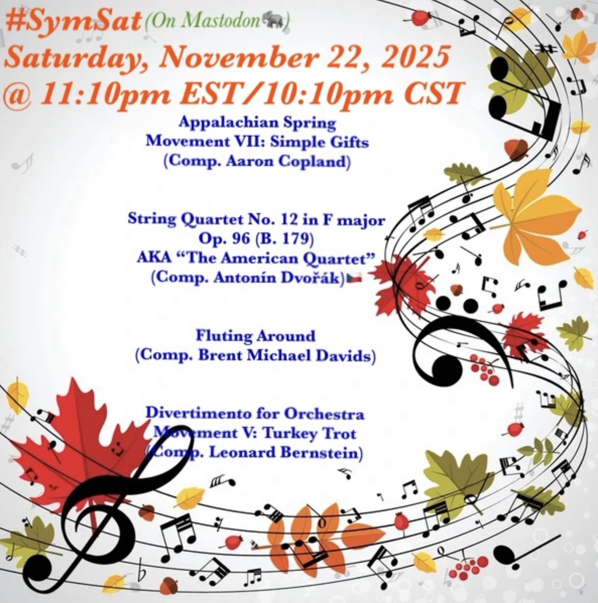 analgesicsleep's tweet photo. I’ll also be guest hosting #SymSat on Saturday night AFTER #ILikeToWatch @ 11:10pm EST/10:10pm (over on🐘) with a playlist of #AutumnVibes classical music . Playlist available here (https://t.co/YbXbQi9c1X). I hope you can drop by💕
(6/7) https://t.co/LfgbFxYru5