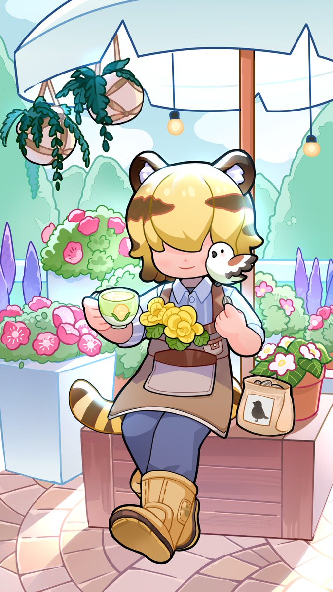 ハートピア住民の日常：ブランクのティータイム☕️

暖かい日差しが温室のガラスを抜け、柔らかな光が差し込んでいます☀️
ブランクは暖かい飲み物を淹れ、束の間の休憩を満喫しています。🍃
肩には、彼と離れることのない小鳥のパートナーがいます。
日差し、そして花の香り。