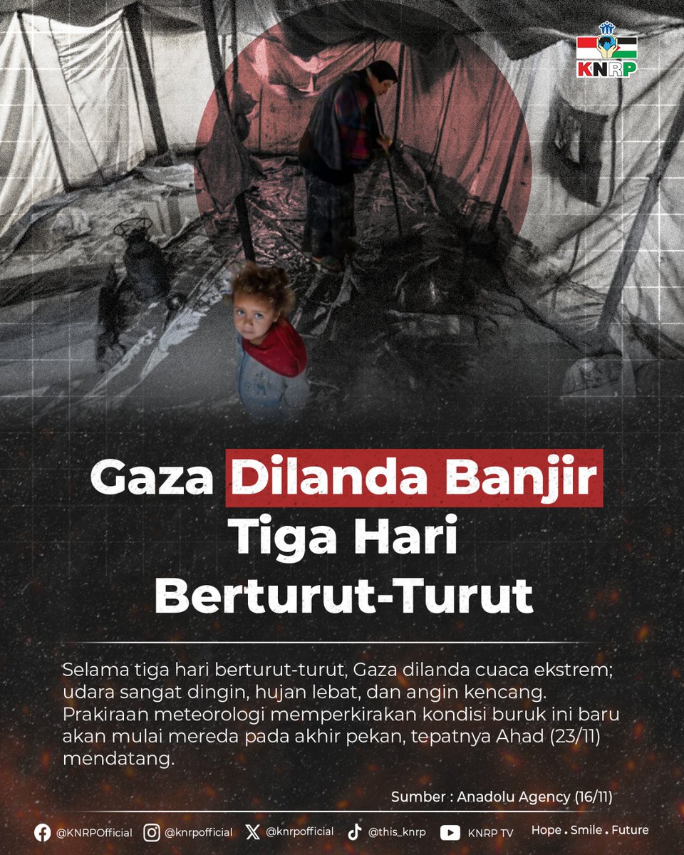 knrp_ntb's tweet image. Hujan lebat, udara dingin ekstrem, &amp;amp; angin kencang kembali menjerat Gaza selama 3 hari berturut-turut.

Tenda-tenda pengungsian dipenuhi air, membuat warga terutama anak-anak &amp;amp; lansia harus berjuang di tengah kondisi yg serba sangat terbatas.

#NaturalDisasters #더블유